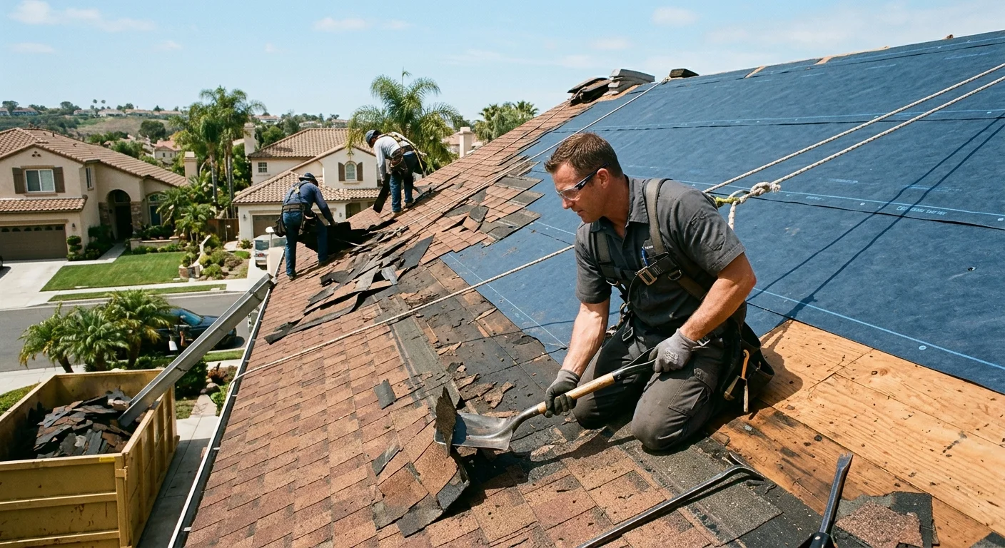 Roofing crew tearing off old shingles from a San Diego home, revealing fresh underlayment on the cleared section, under a bright sunny sky.
