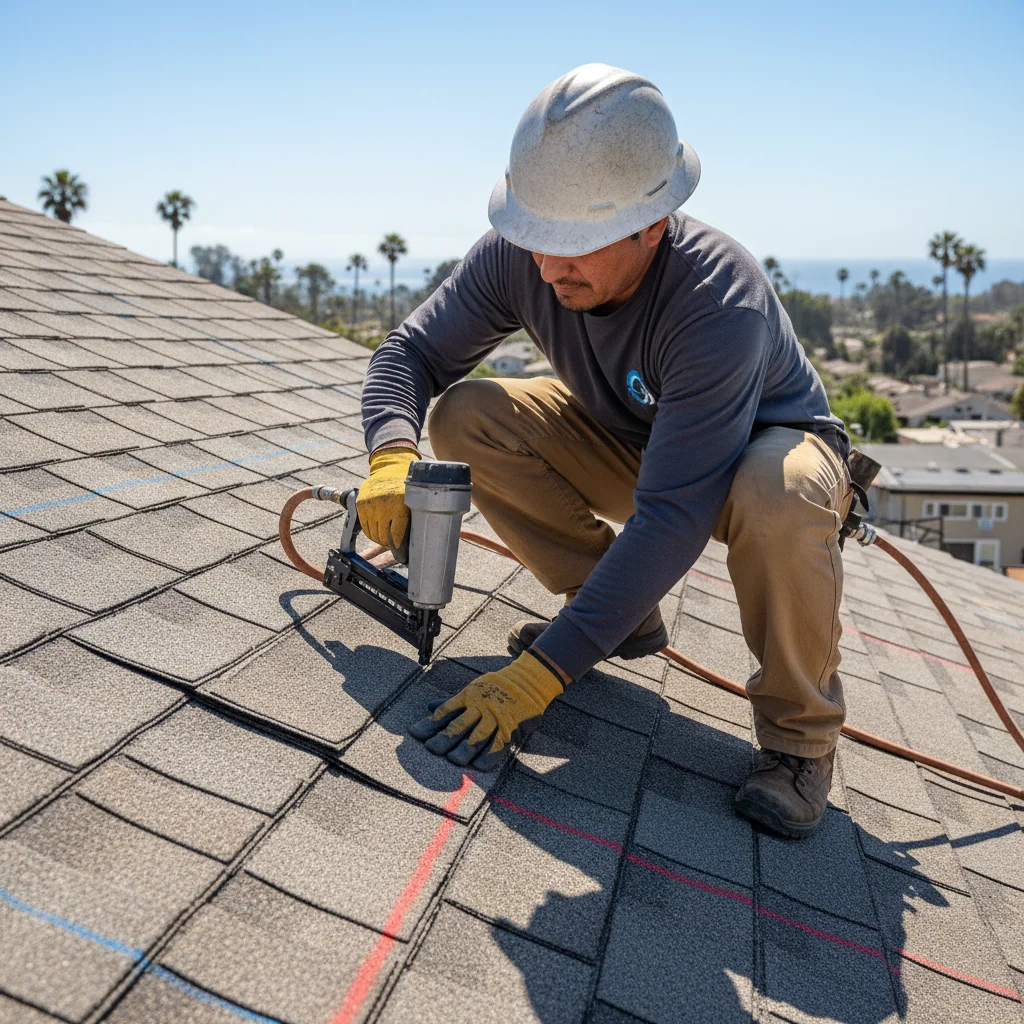 Roofer nailing down architectural shingles on a sloped roof in San Diego, nail g