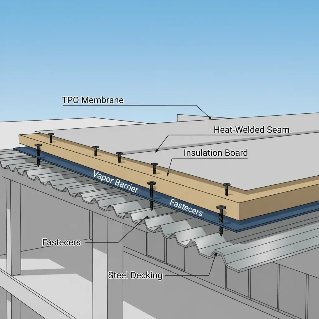 Cross-section diagram of a TPO roofing system, showing insulation, membrane, and heat-welded seams.