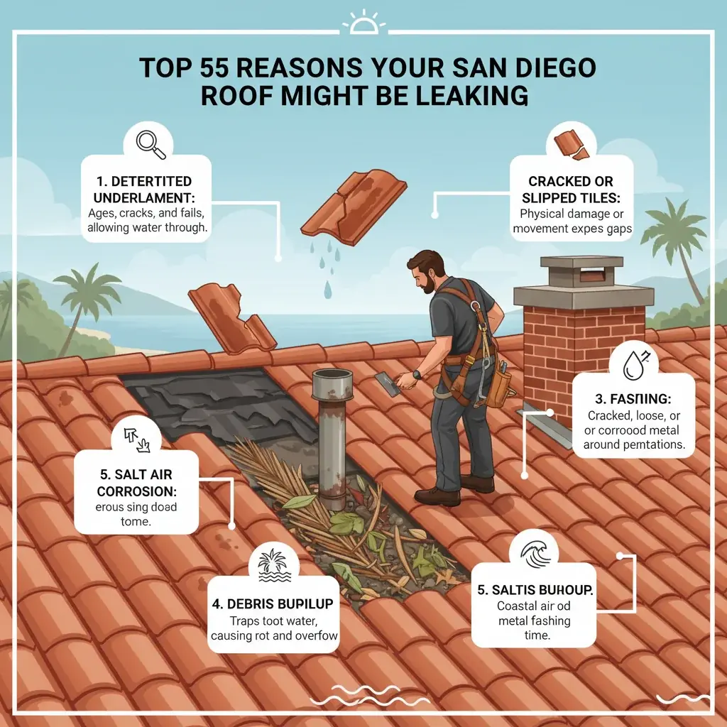 An infographic illustrating common leak points on a San Diego tile roof, showing cracked tiles, flashing failures around vents and chimneys, and debris in valleys.