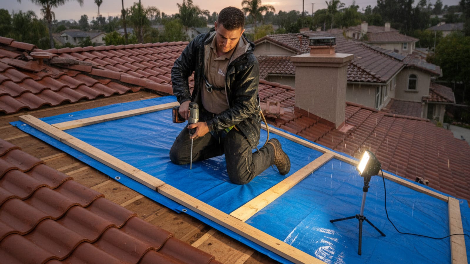 Roofer installing a heavy-duty commercial tarp over a damaged section of roof on a San Diego home during active rain response at dusk