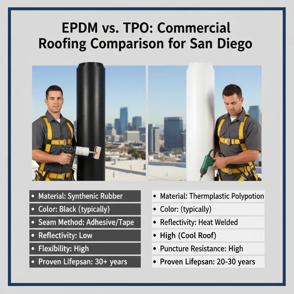 Side-by-side comparison of white TPO and black EPDM roofing membranes, highlighting key differences.