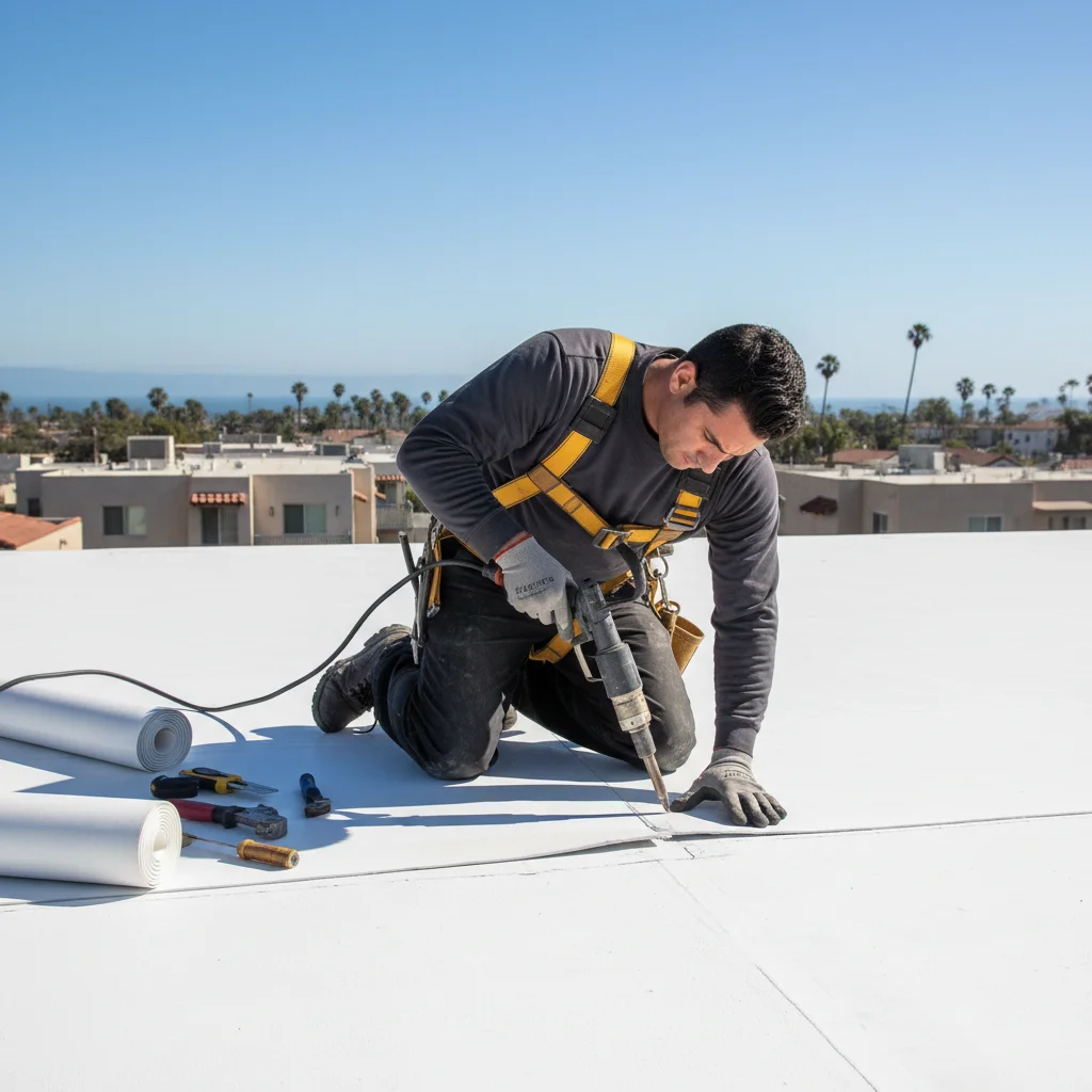 A roofer uses a heat welder to patch a seam on a white TPO flat roof in San Diego on a sunny day.