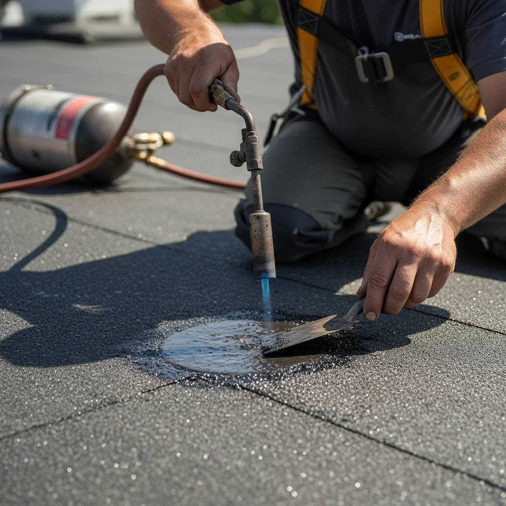 Close-up of a fresh modified bitumen patch over a puncture, torch and trowel visible on the membrane
