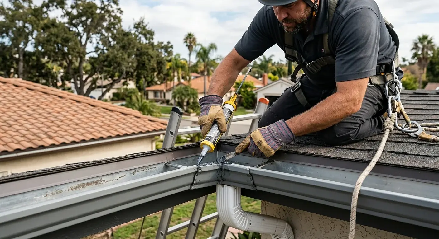 A roofer's hands in gloves carefully sealing a leaking corner joint on a seamless aluminum gutter of a suburban La Mesa home.