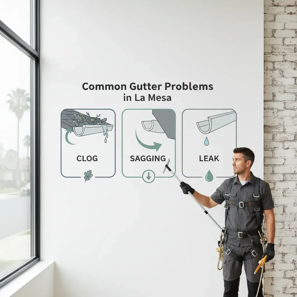 Infographic showing three common gutter problems: a clog from leaves, a sagging section pulling away from the fascia, and a leaking end cap.