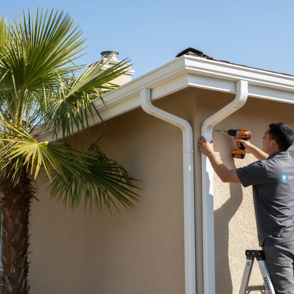 Newly installed continuous aluminum gutters on a San Diego stucco home with a palm tree in the foreground