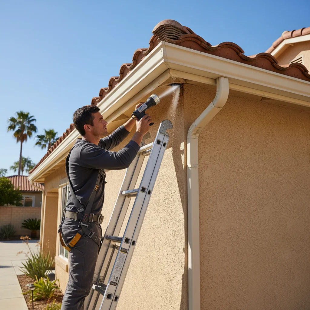 A homeowner on a ladder examining a small roof leak with a flashlight, San Diego