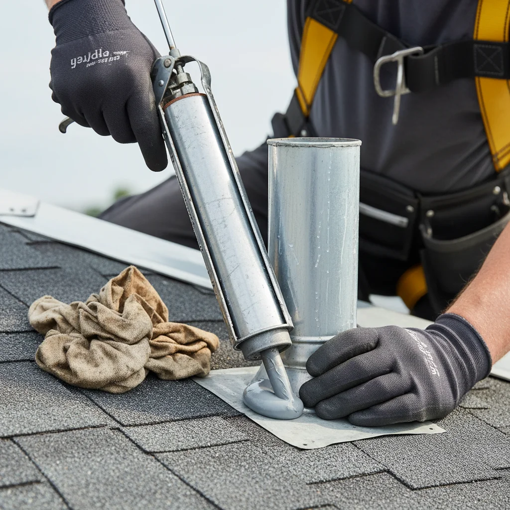 Close-up of hands applying roofing sealant to a small crack around a vent, caulk