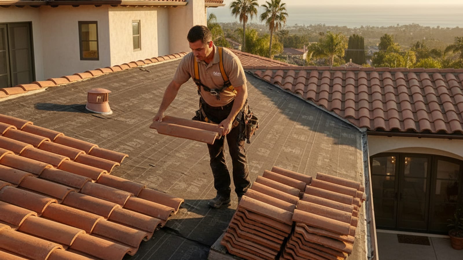 Roofer lifting Spanish S-tiles off a San Diego roof section and stacking them carefully for reinstallation after new underlayment is laid