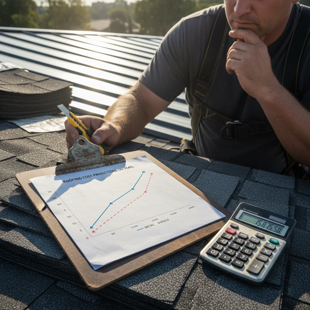 A line chart on a clipboard showing 30-year cost projections for metal vs shingle roofing, with a calculator nearby.