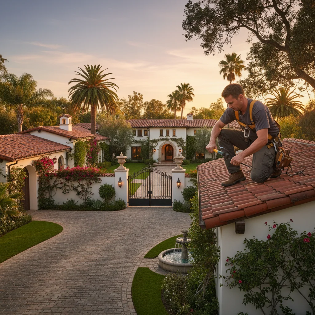 A large Rancho Santa Fe estate home with a red Spanish tile roof, mature landscaping, and golden hour light.