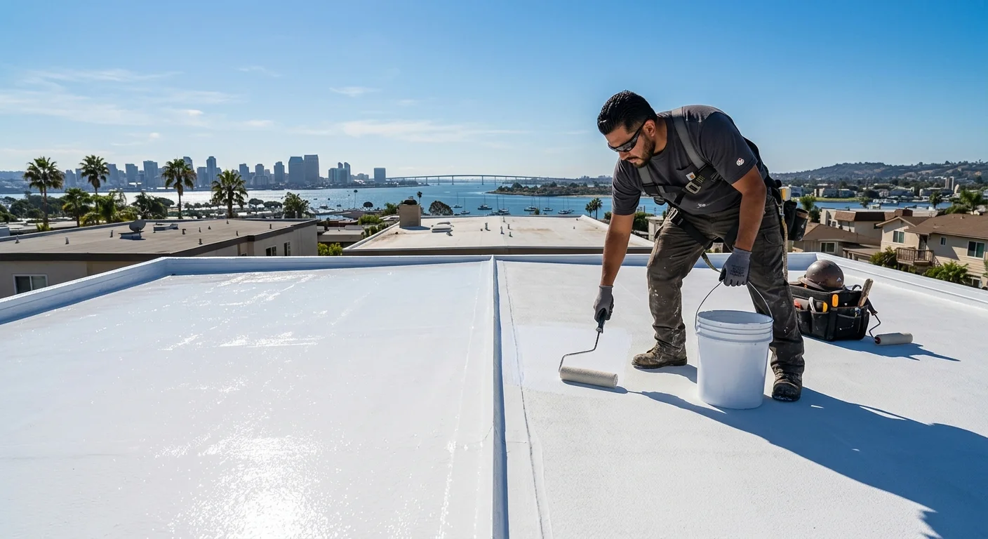 Side-by-side flat roof sections: glossy white silicone coating on the left, matte white acrylic coating on the right, sunny San Diego day, photorealistic