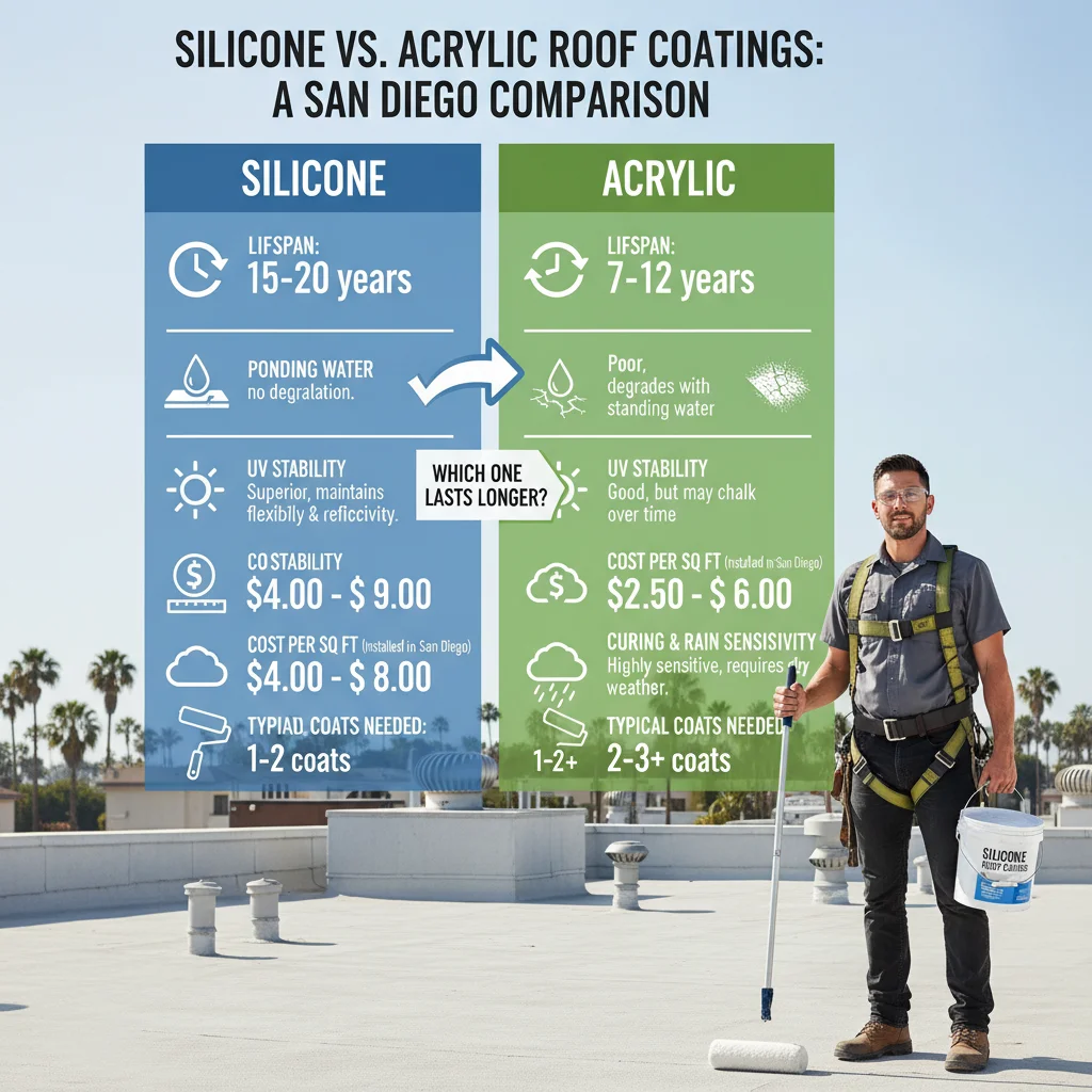 An infographic comparing key features of silicone vs. acrylic roof coatings, detailing lifespan, cost per square foot, ponding water tolerance, UV resistance, and application requirements.