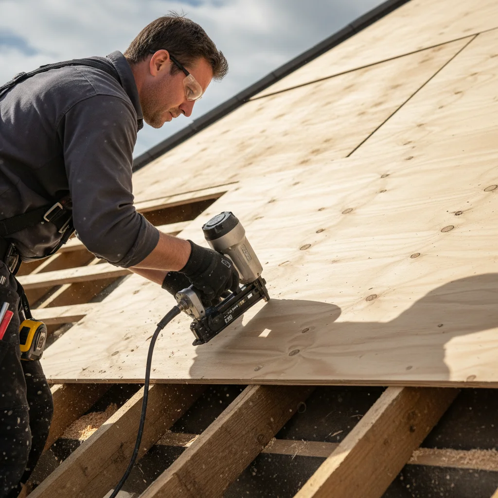 Close-up of fresh plywood sheathing being nailed down over rafters during a reroof