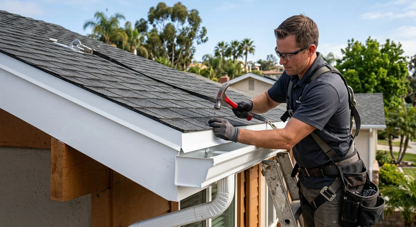 Close-up of a freshly installed white drip edge along the eave of a shingle roof