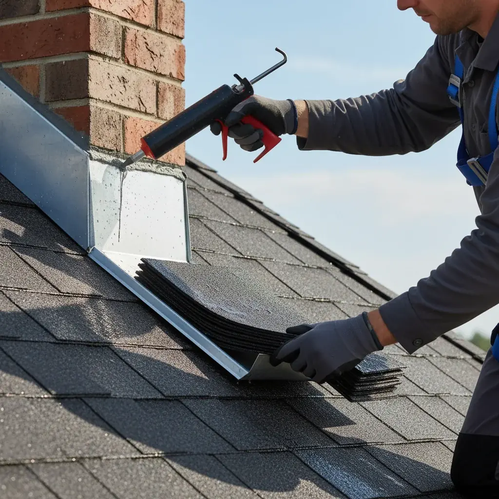 Roofer installing new aluminum step flashing alongside a chimney with caulking gun in hand