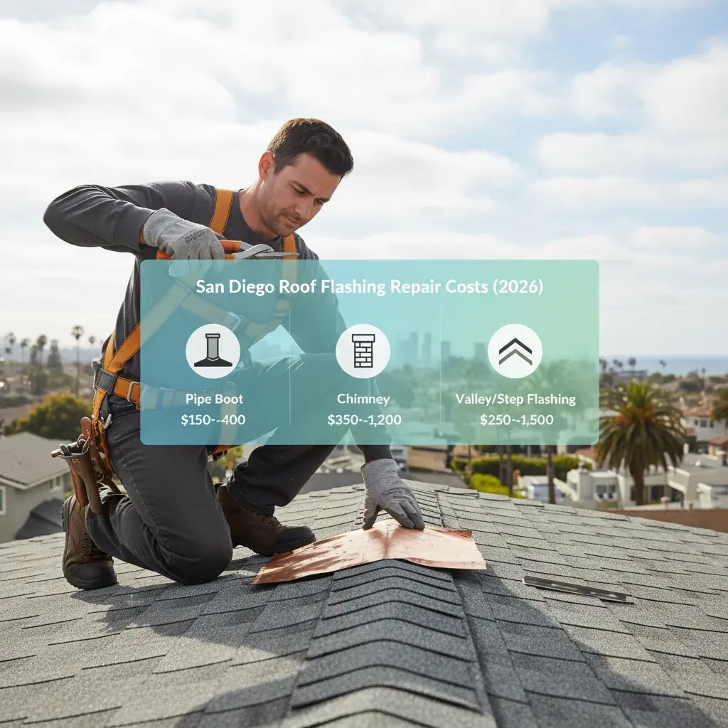 Typical roof flashing repair costs in San Diego for pipe boots, chimneys, and valleys