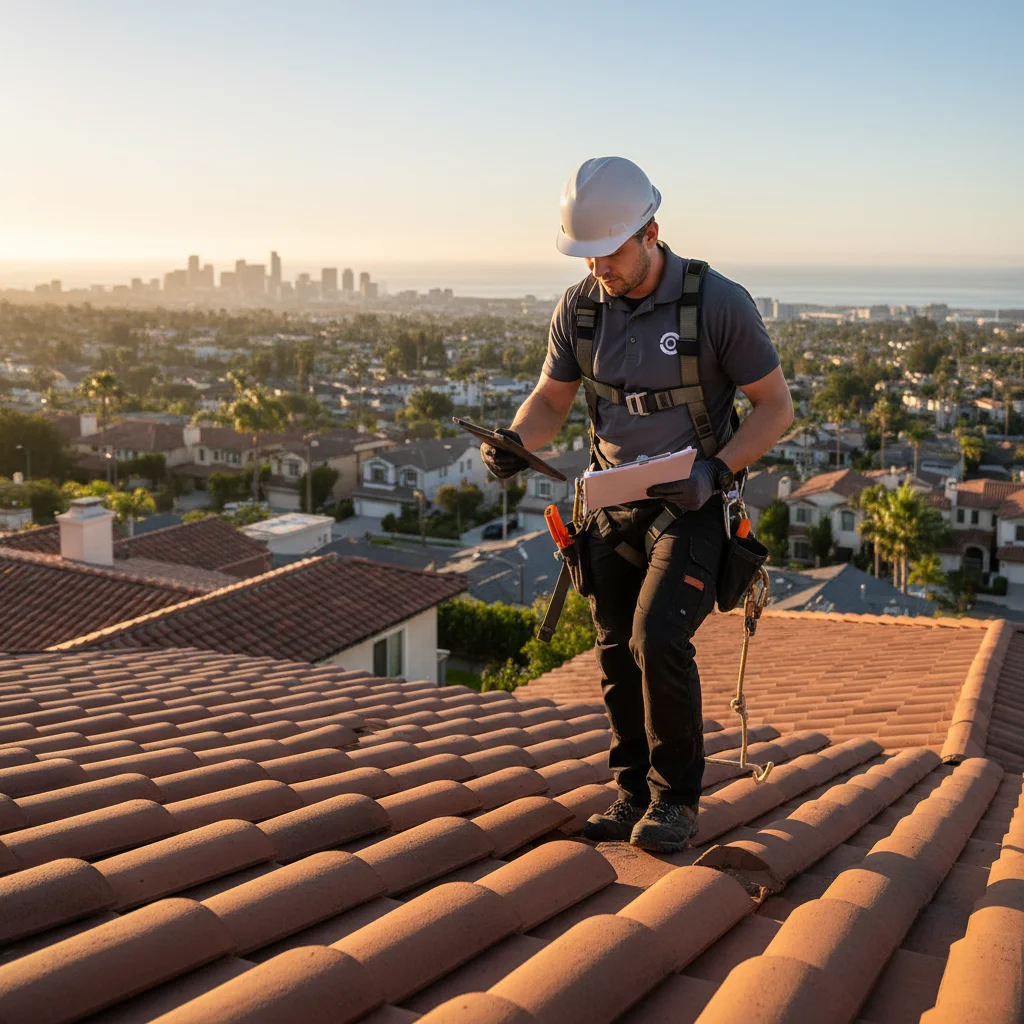 A roofing inspector with clipboard and tablet examining a tile roof in San Diego