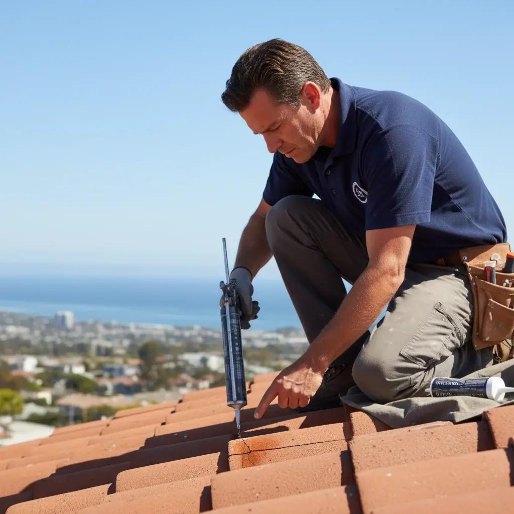A San Diego roofer kneeling on a tile roof inspecting a small leak point, sealant gun in hand, blue sky overhead