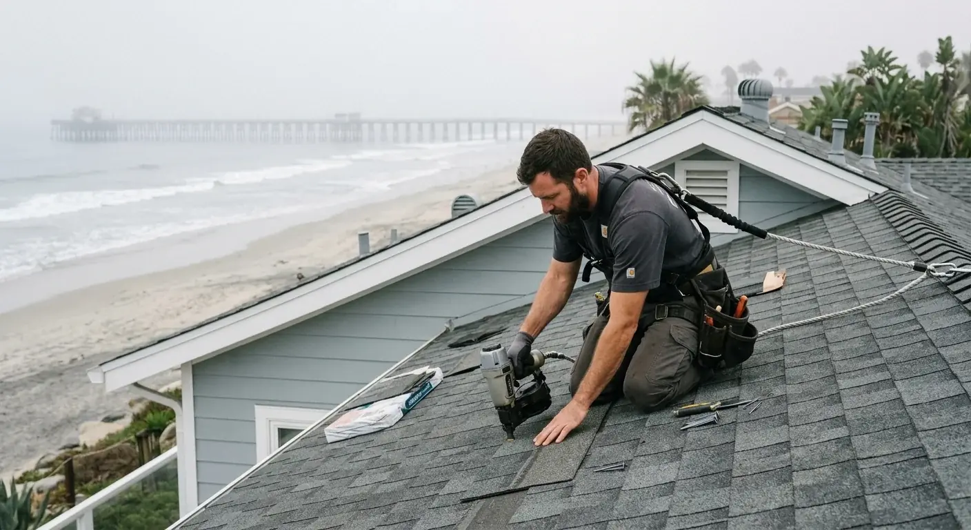 A professional roofer in a safety harness working on the roof of a beach-style home in Oceanside, with the pier faintly visible in the misty background.