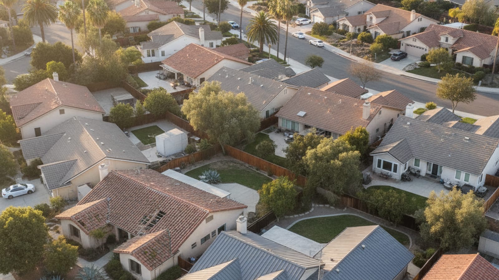 Aerial view of a San Diego neighborhood showing roofs of varying ages and materials with some older tile roofs beside newer shingle installations