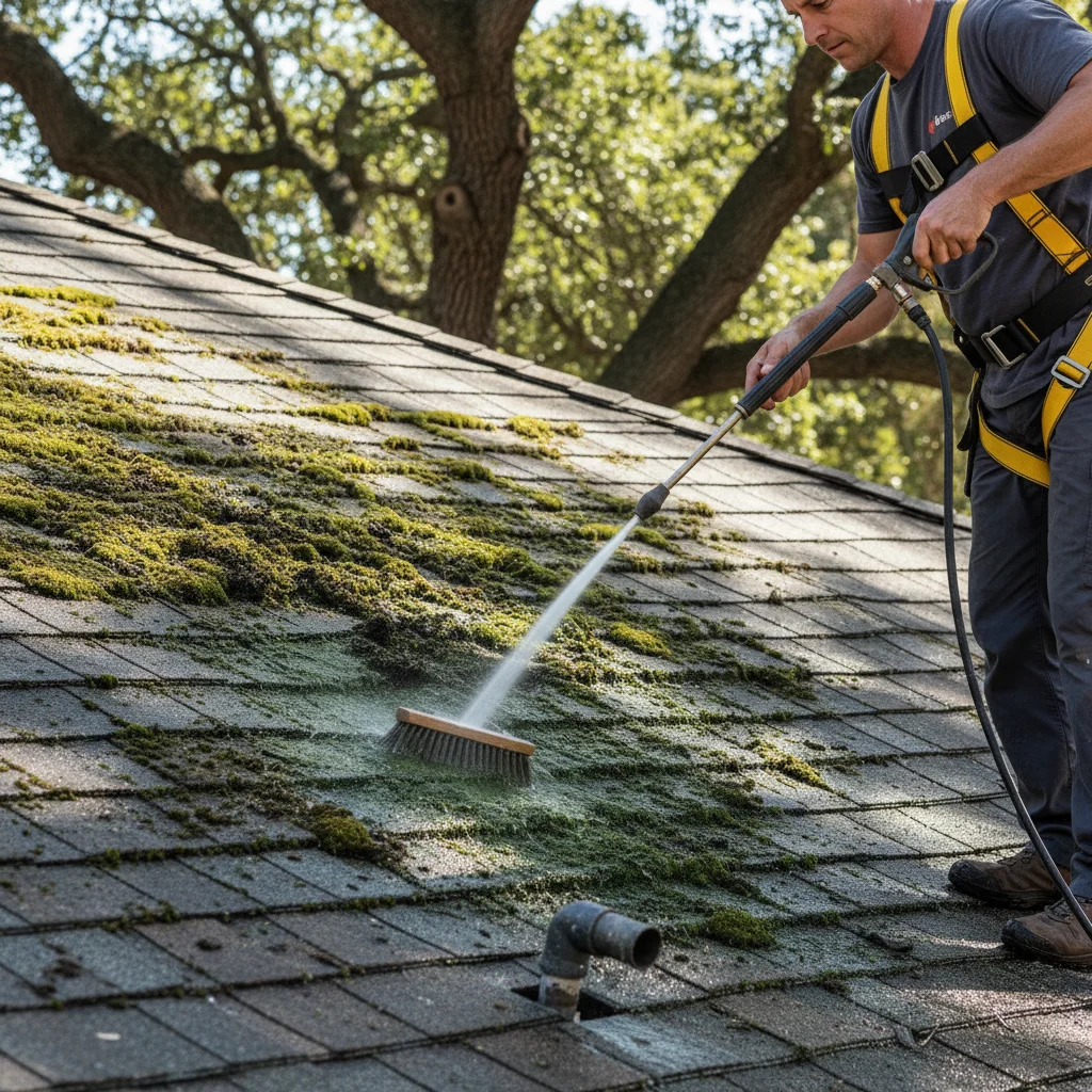 Close-up of green moss and dark algae on a shaded San Diego shingle roof.