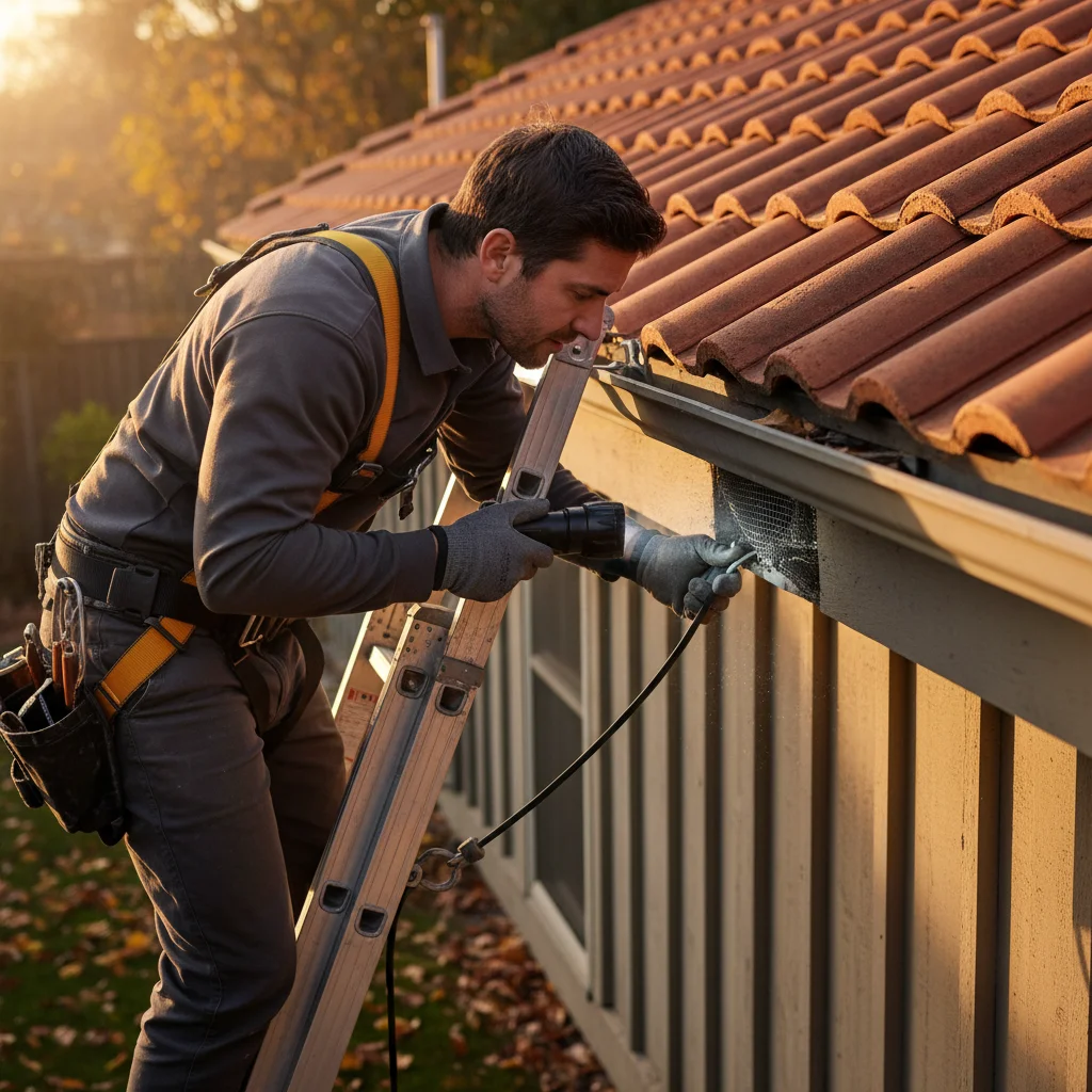 Roofer inspecting an eave for ember intrusion gaps with a flashlight.