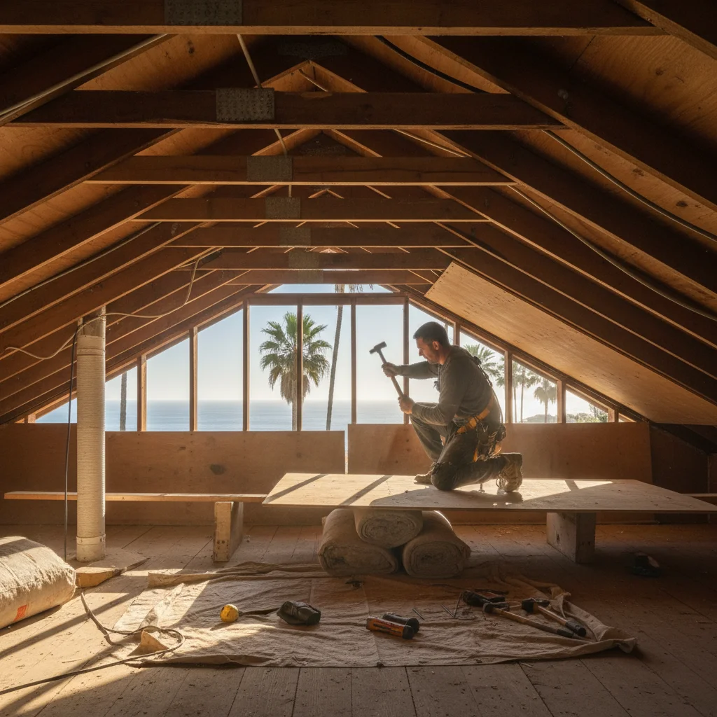 Interior attic view of exposed wooden roof rafters with sunlight streaming through, San Diego home