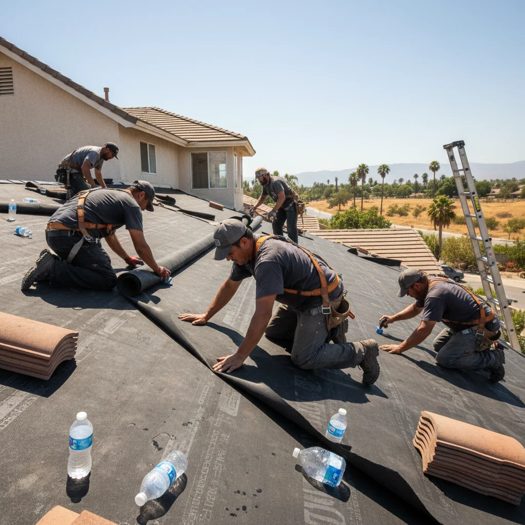 A Top Pro Roofing crew member installing new underlayment on an El Cajon home during a summer reroof project.
