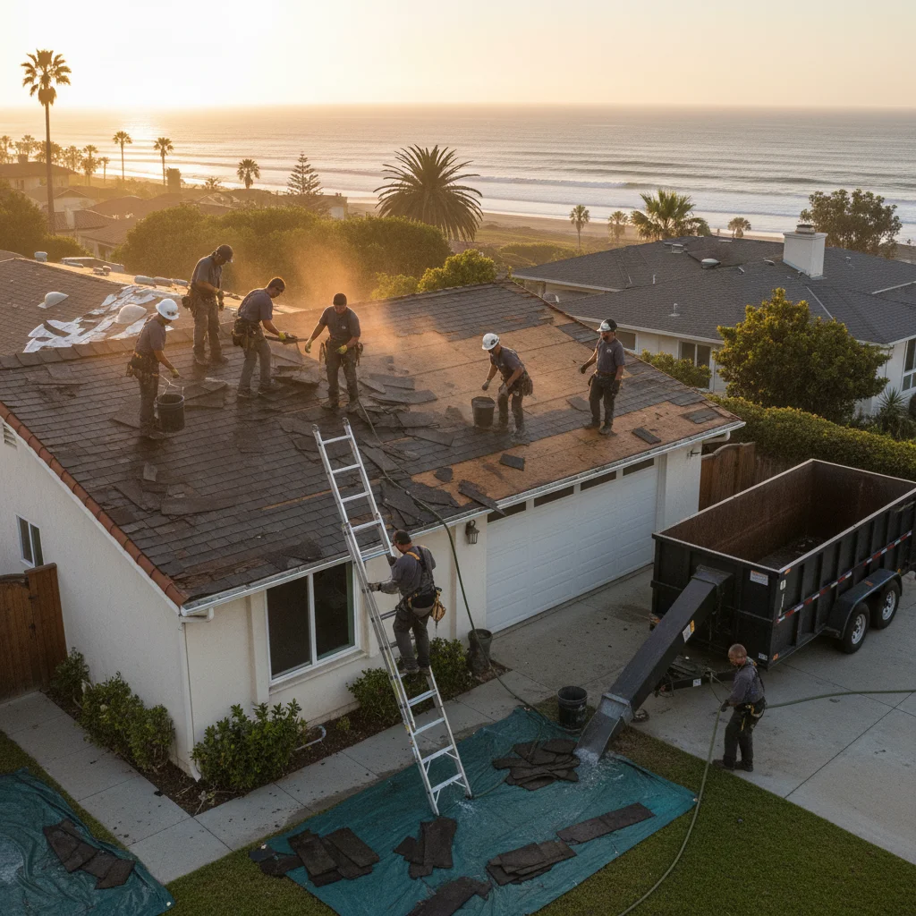 Roofing crew tearing off old shingles on an Encinitas home, ocean visible in dis