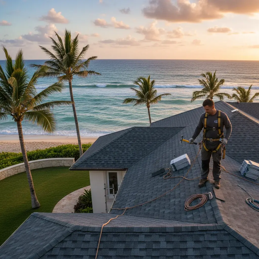 A newly installed charcoal shingle roof on a home in Oceanside, California, with palm trees and the Pacific Ocean in the background.