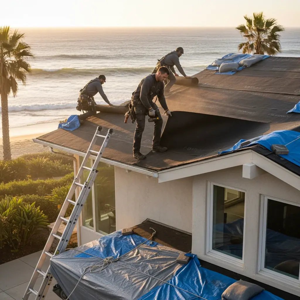 Roofing crew installing underlayment on an Oceanside home, ocean breeze, ladder 