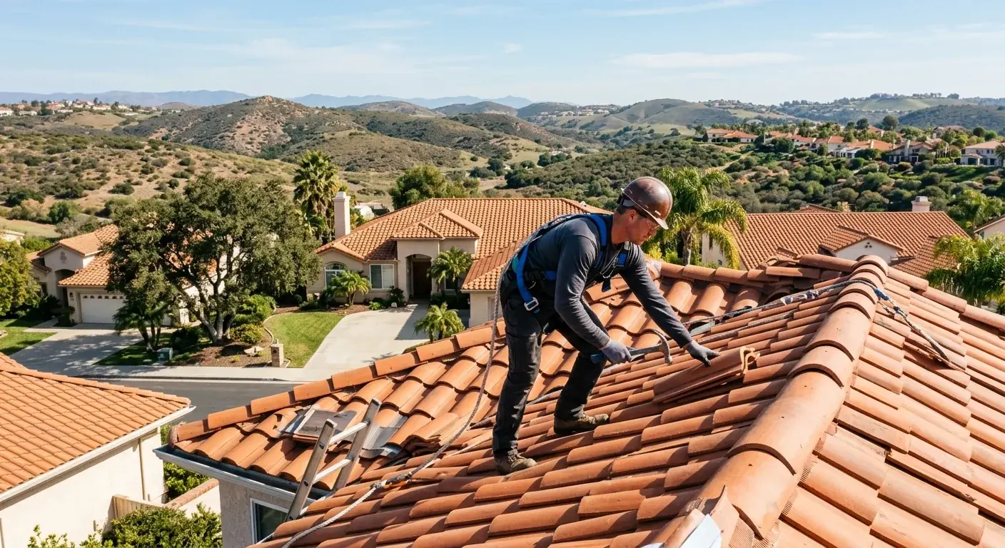 A beautiful tile roof on a suburban home in San Marcos, CA, with the rolling hills of North County in the background during a sunny day.