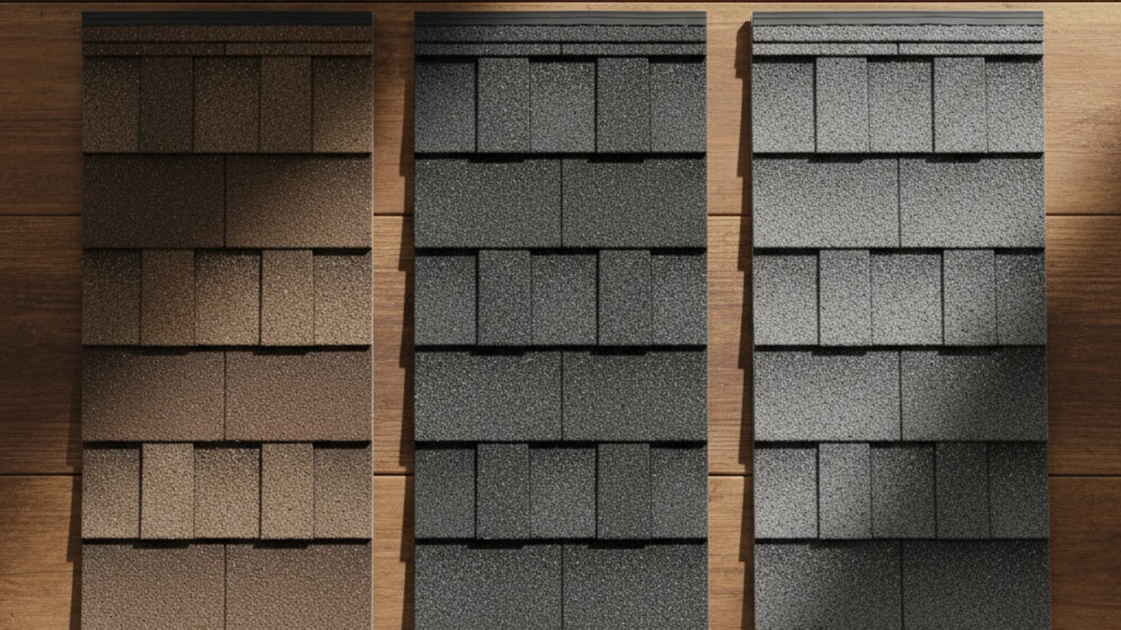 Three architectural asphalt shingle samples laid out side by side on a clean work surface showing different color palettes and textures from major manufacturers
