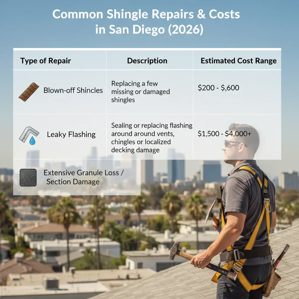 Infographic showing common shingle repairs and their estimated costs in San Diego.