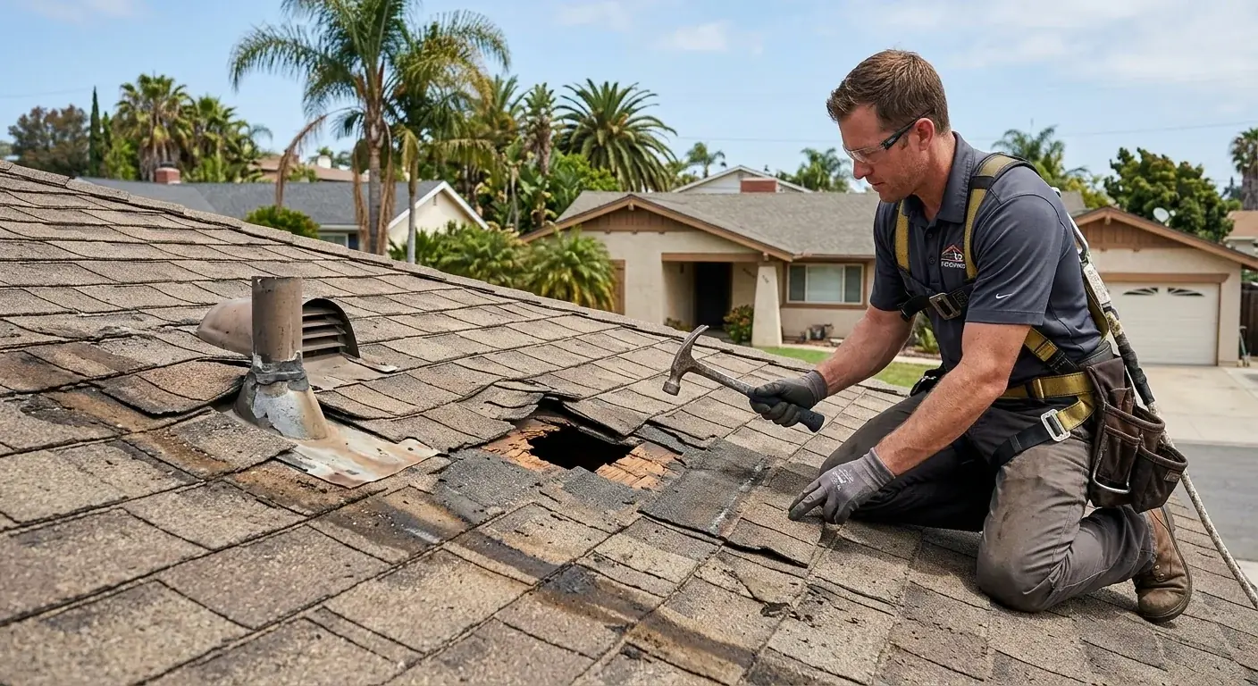 A clean, realistic photograph illustrating '7 signs you need a new roof in san diego' on a San Diego home, natural daylight, no text.