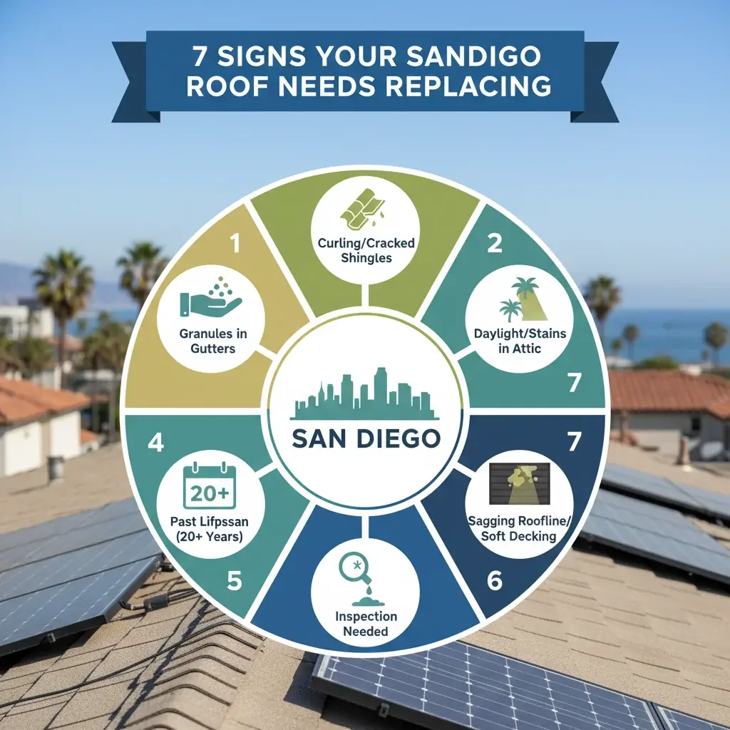 Infographic showing seven common signs indicating a roof replacement is needed, such as curling shingles, granules in gutters, attic daylight, and sagging roofline.