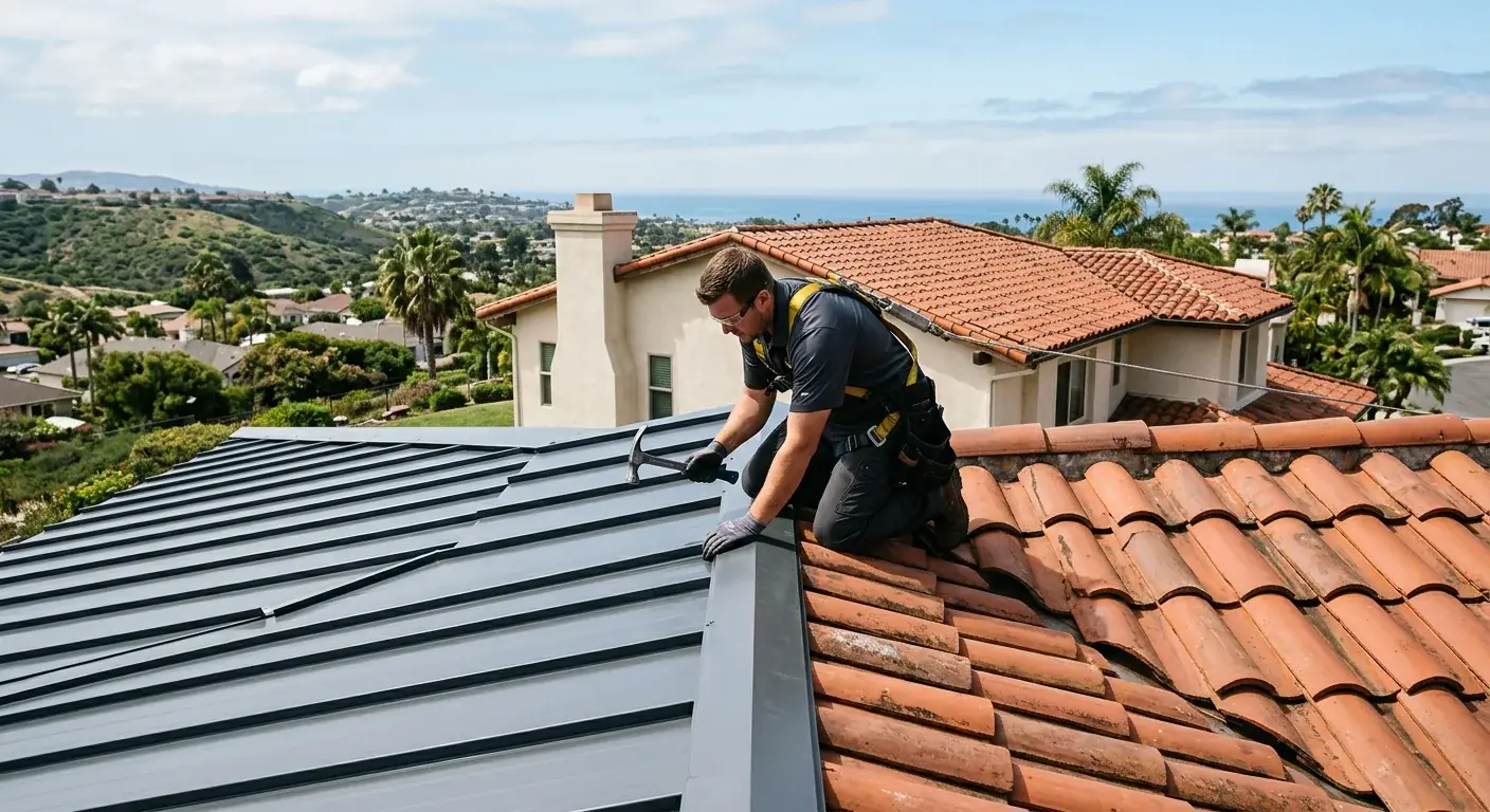 San Diego home with a split roof, showing half with traditional red clay tiles and the other half with a modern dark gray metal standing seam roof, under a clear blue sky.