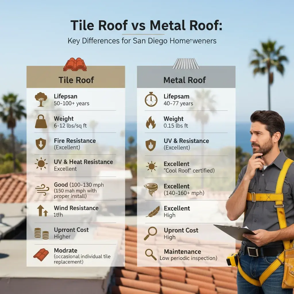 Infographic comparing key factors for tile and metal roofs in San Diego, including lifespan, cost, weight, and fire resistance.