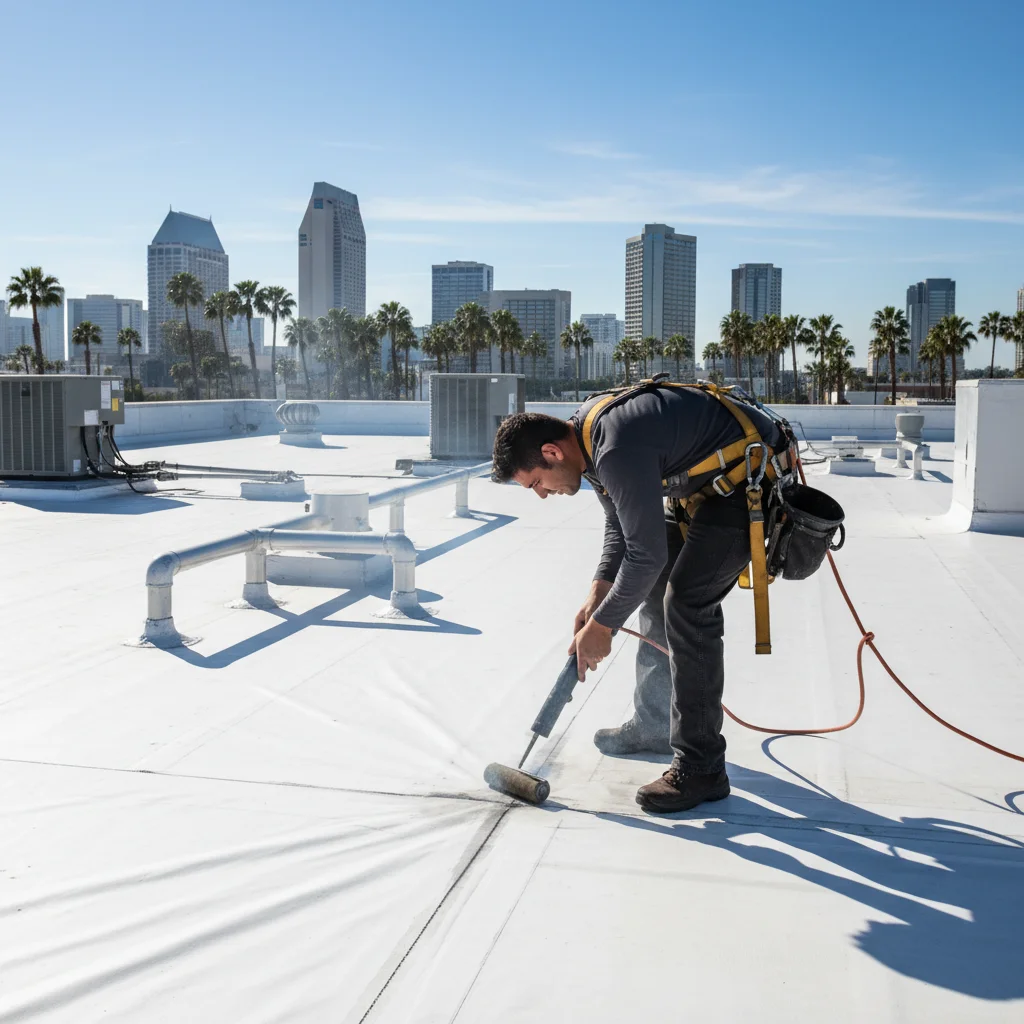 A roofer uses a heat welder on a TPO seam on a large commercial flat roof in San Diego.