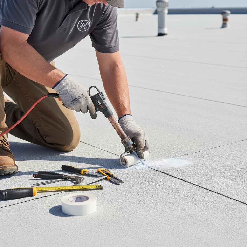 Close-up of a roofer heat-welding a TPO seam on a low-slope roof with work boots and tools visible
