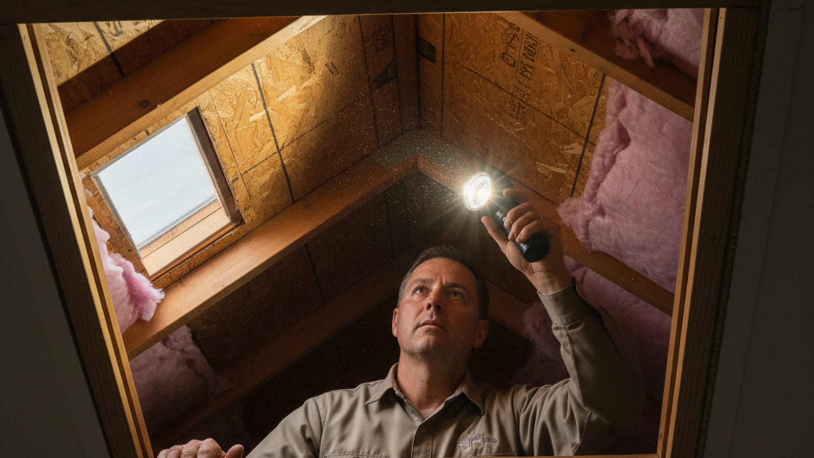 Homeowner looking up into an attic through a ceiling hatch, inspecting soffit vents and insulation