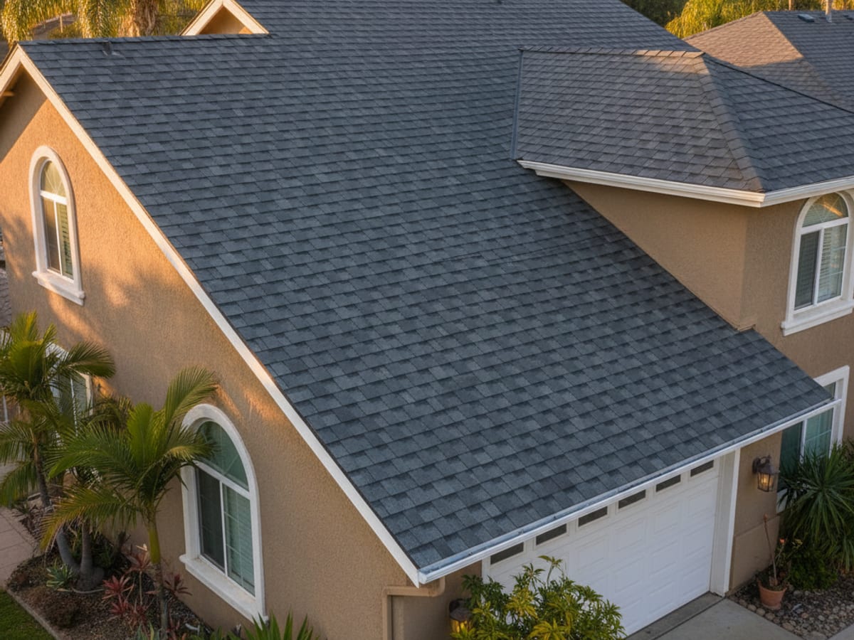 New architectural asphalt shingle roof on a San Diego home with clean ridge line, valley metal, and drip edge visible