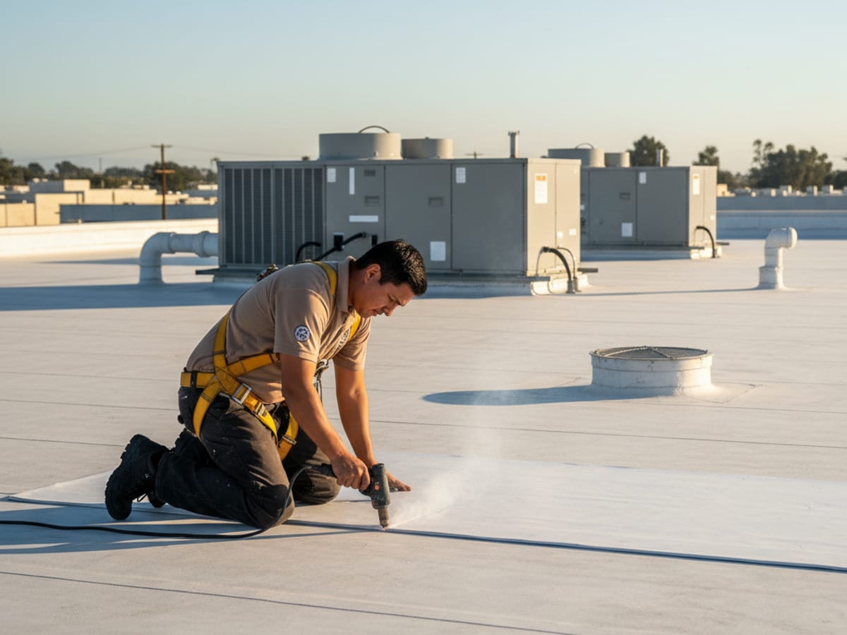 Commercial roofing crew welding TPO seams on a flat commercial rooftop in San Diego with HVAC units and roof drains visible