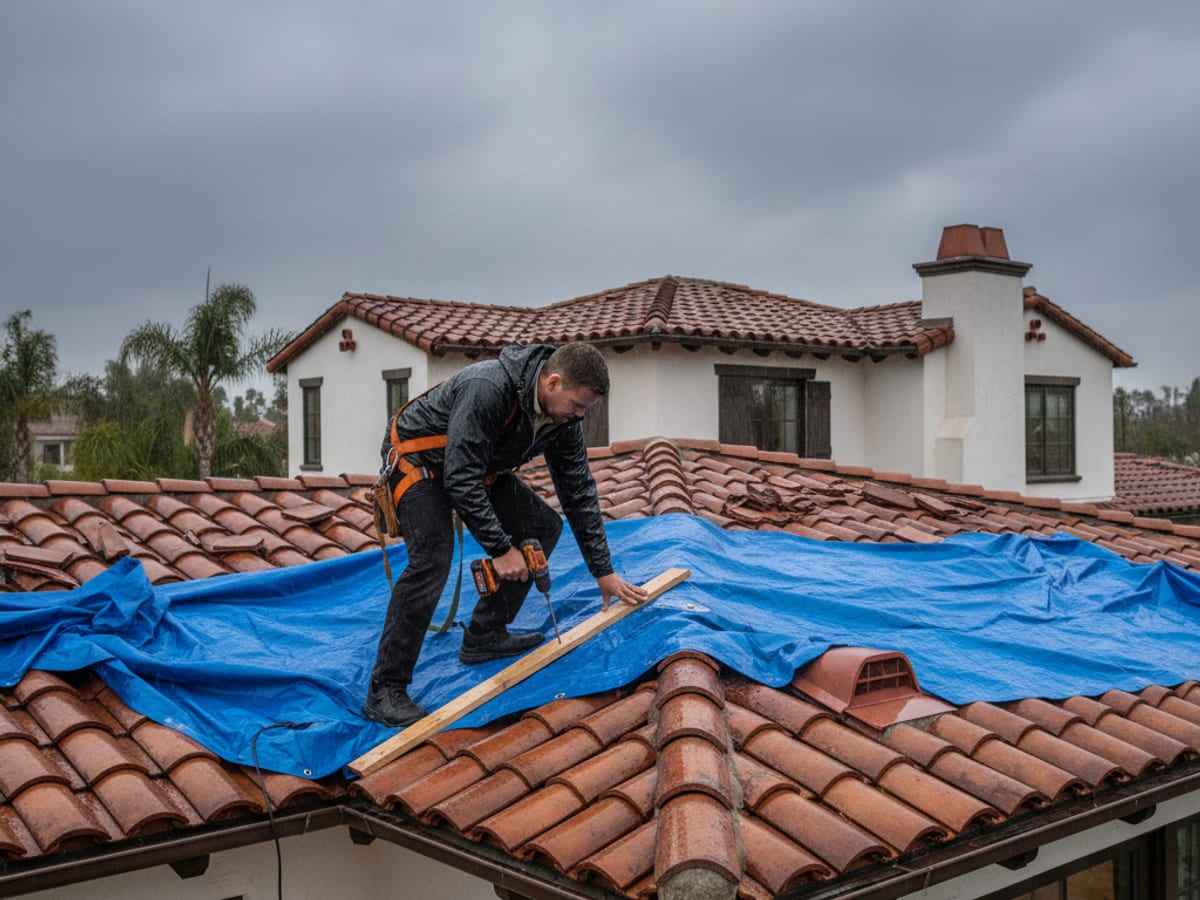 Roofing contractor installing emergency tarp over a damaged section of roof on a San Diego home during active rain response