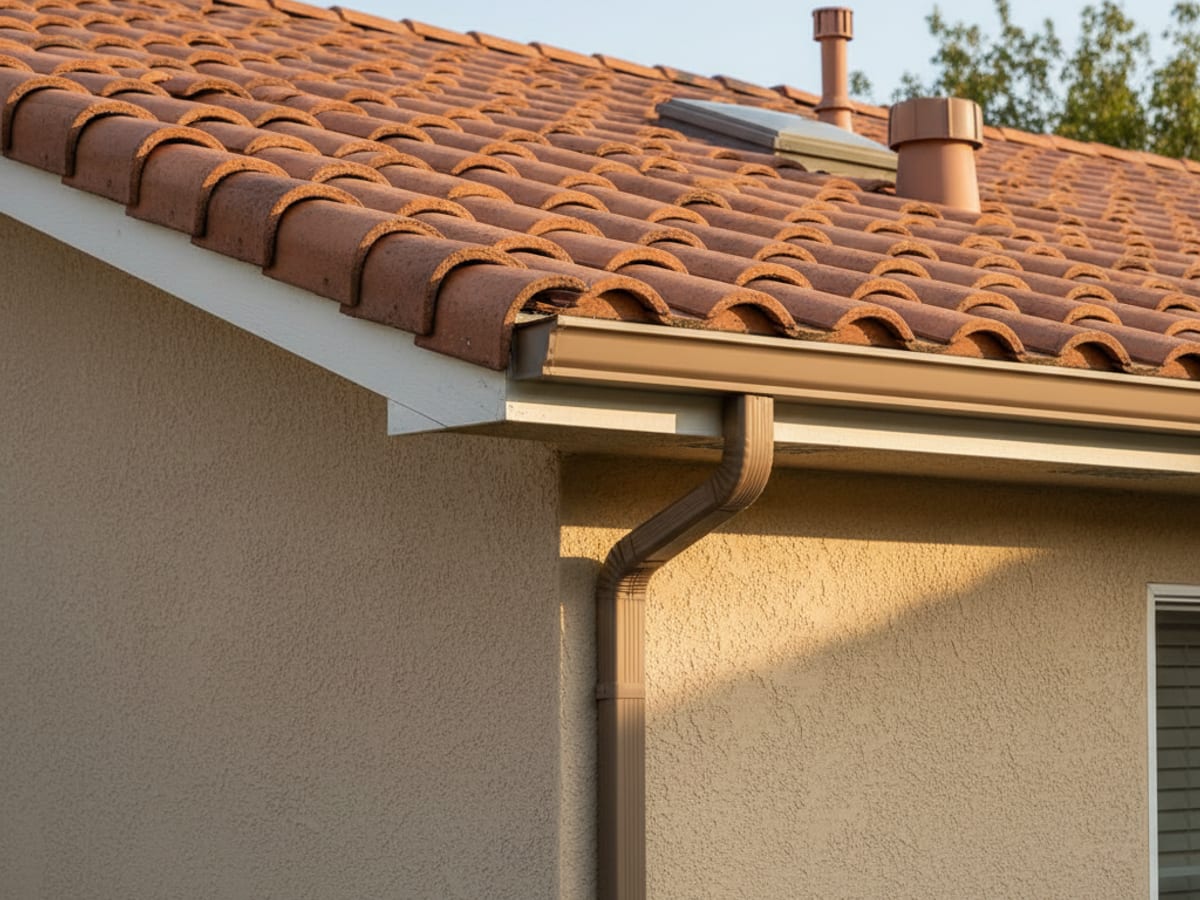 Newly installed seamless aluminum gutter and downspout running along the fascia of a San Diego single-family home