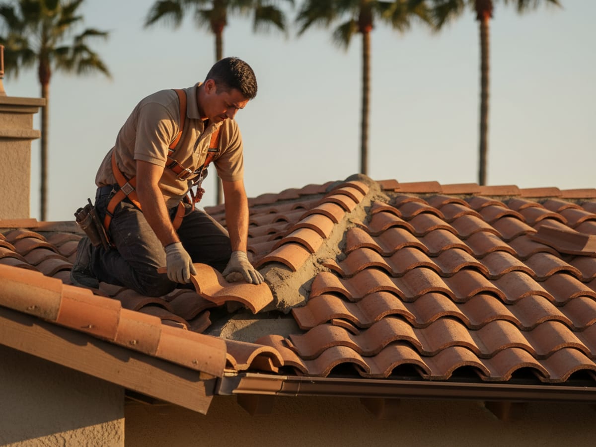 Roofer installing Spanish S-tile on a San Diego Mediterranean-style home with mortar bed and visible red clay profile